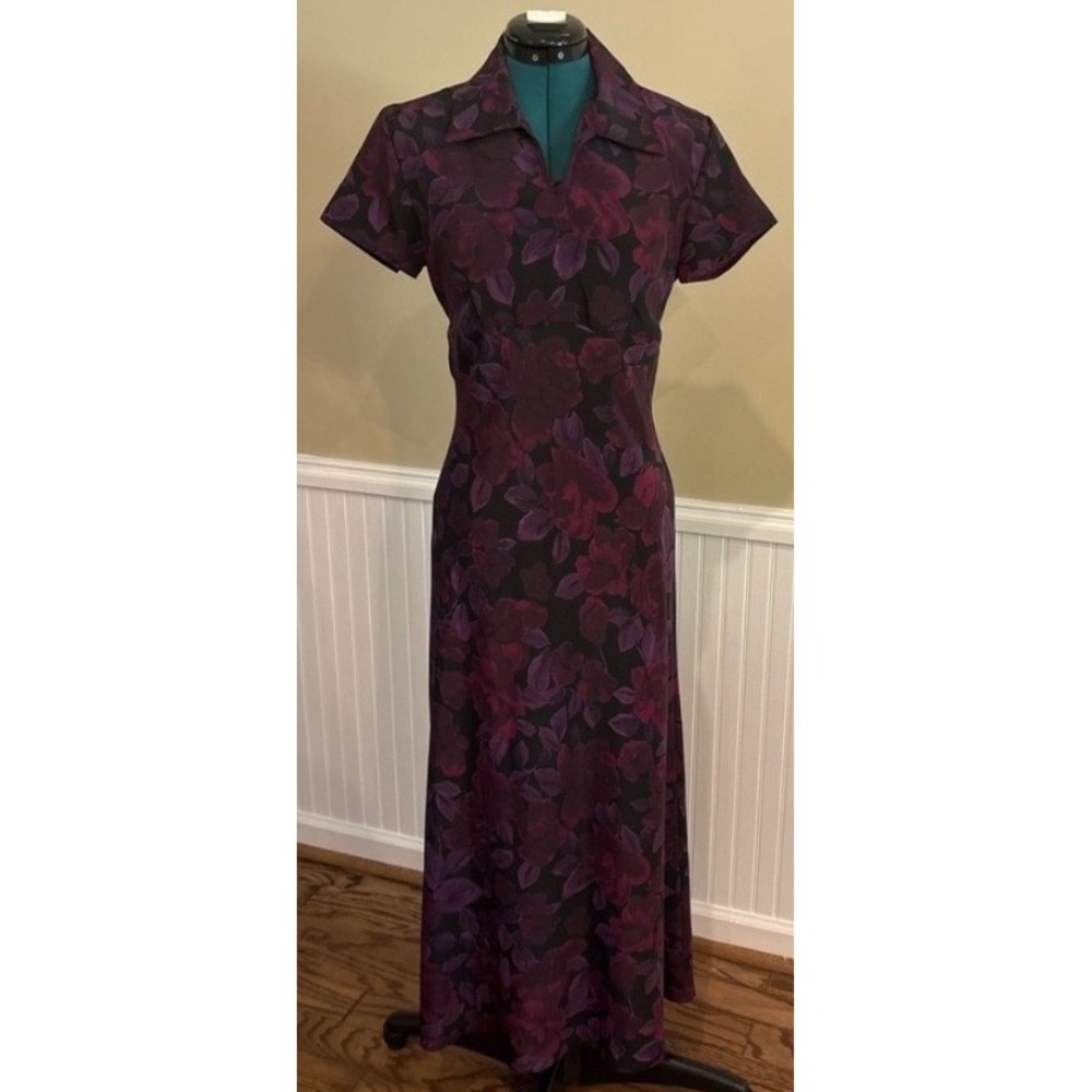Vintage Jody of California Womens Size 5 Purple and Black Floral Midi Dress EUC